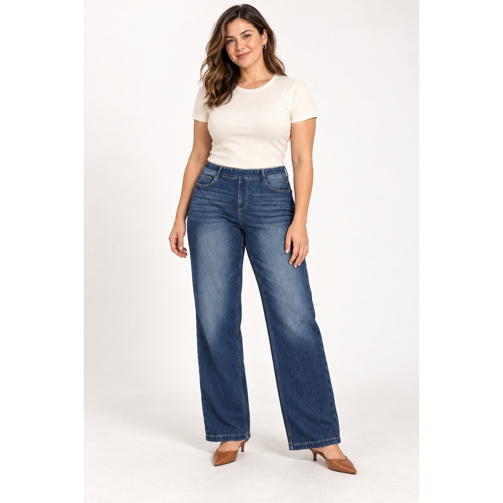 Halara Wide Leg Jeans Blue Medium Wash Pull On Minimalist Boho Petite Large